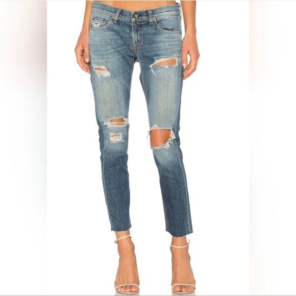Rag & Bone Low Rise Medium Wash Distressed Raw Hem Cropped Dre Capri Jeans - Picture 5 of 5